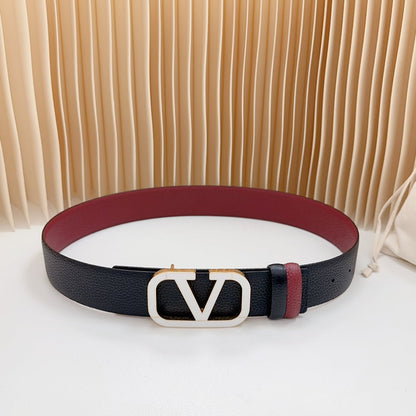 VALENTINO Vlogo White Gold Buckle Belt 40mm Wine Black Leather