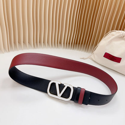 VALENTINO Vlogo White Gold Buckle Belt 40mm Wine Black Leather