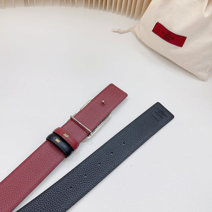 VALENTINO Vlogo Buckle Water Wave Silver Copper Glossy Wine Black Leather 40mm