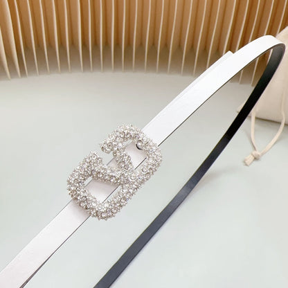VALENTINO VL Belt 8mm Buckle Silver Diamond Leather White Black