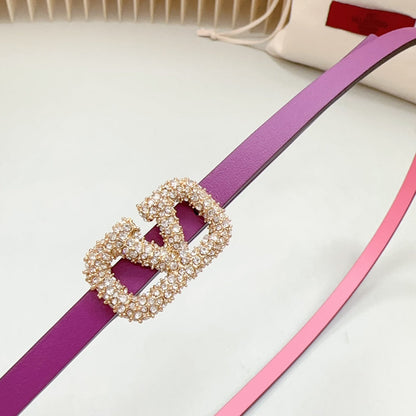 VALENTINO VL Belt 8mm Buckle Gold Diamond Leather Pink Purple
