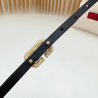 VALENTINO VL Belt 8mm Buckle Gold Diamond Leather Gold Black
