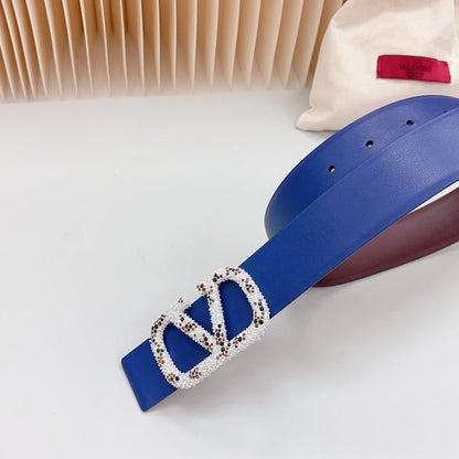 VALENTINO Vlogo Brown Black White Stone Silver Buckle Belt 40mm Chocolate Blue Leather