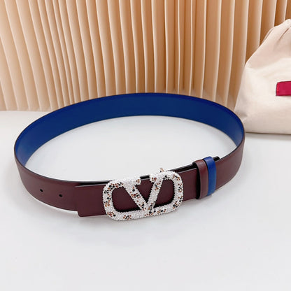 VALENTINO Vlogo Brown Black White Stone Silver Buckle Belt 40mm Chocolate Blue Leather