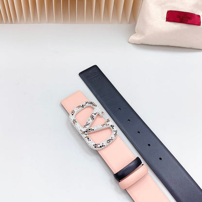 VALENTINO Vlogo Brown Black White Stone Silver Buckle Belt 40mm Black Light Pink Leather