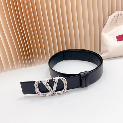 VALENTINO Vlogo Brown Black White Stone Silver Buckle Belt 40mm Black Leather