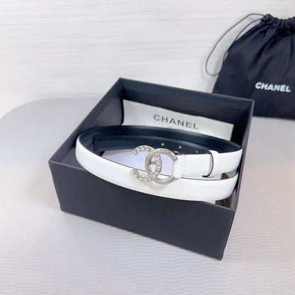 CHANEL BELT 20 MM IN WHITE SMOOTH CALFSKIN SILVER HARDWARE ATTACH RHINSTONE
