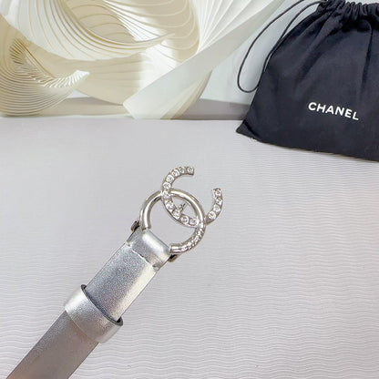 CHANEL BELT 20 MM IN SILVER SMOOTH CALFSKIN SILVER HARDWARE ATTACH RHINSTONE