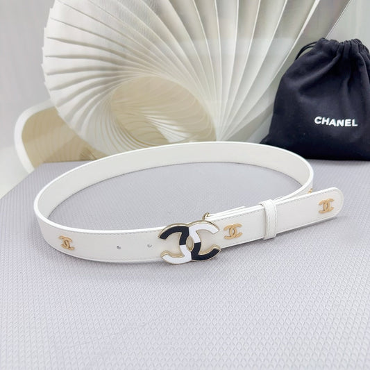 CHANEL BELT 30 MM WHITE CALFSKIN GOLD HARDWARE WITH WHITE MIX BLACK LOGO