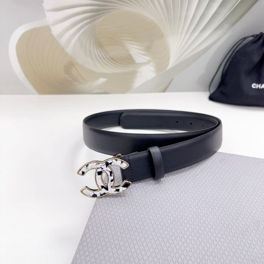 CHANEL 30MM BELT IN BLACK SHINNY CALFSKIN WHITE LOGO