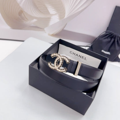 CHANEL 30MM BELT IN BLACK SMOOTH CALFSKIN METAL LOGO