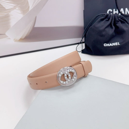 CHANEL 30MM BELT IN DESERT SAND CALFSKIN SILVER HARDWARE ATTACH PEARLS