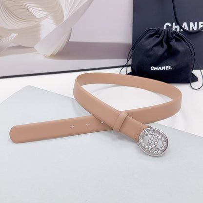 CHANEL 30MM BELT IN DESERT SAND CALFSKIN SILVER HARDWARE ATTACH PEARLS