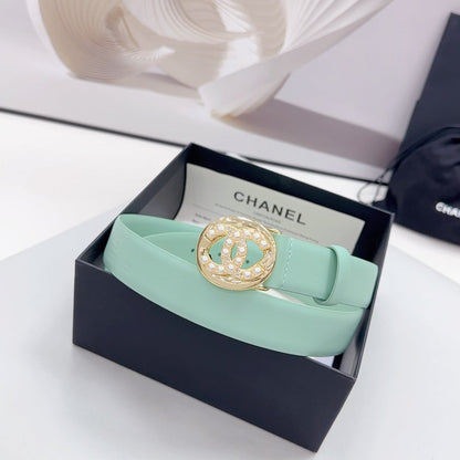 CHANEL 30MM BELT IN GREEN MINT CALFSKIN GOLD HARDWARE ATTACH PEARLS