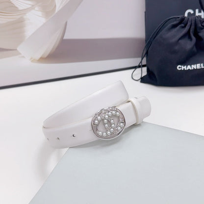 CHANEL 30MM BELT IN WHITE CALFSKIN SILVER HARDWARE ATTACH PEARLS