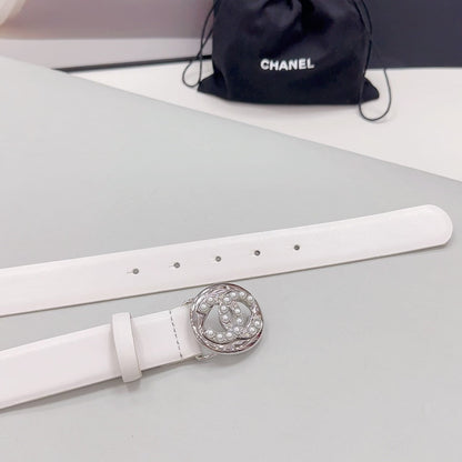 CHANEL 30MM BELT IN WHITE CALFSKIN SILVER HARDWARE ATTACH PEARLS
