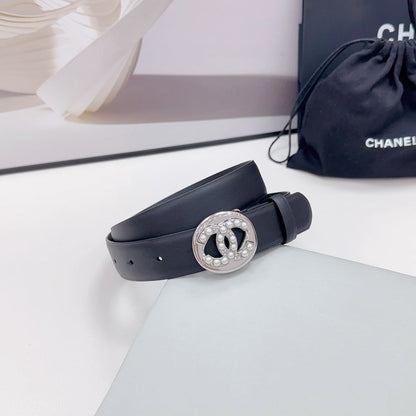 CHANEL 30MM BELT IN BLACK CALFSKIN SILVER HARDWARE ATTACH PEARLS