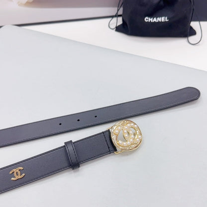 CHANEL 30MM BELT IN BLACK CALFSKIN GOLD HARDWARE ATTACH PEARLS