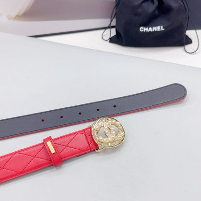 CHANEL 30MM BELT IN CHERRY RED CALFSKIN GOLD HARDWARE ATTACH PEARLS