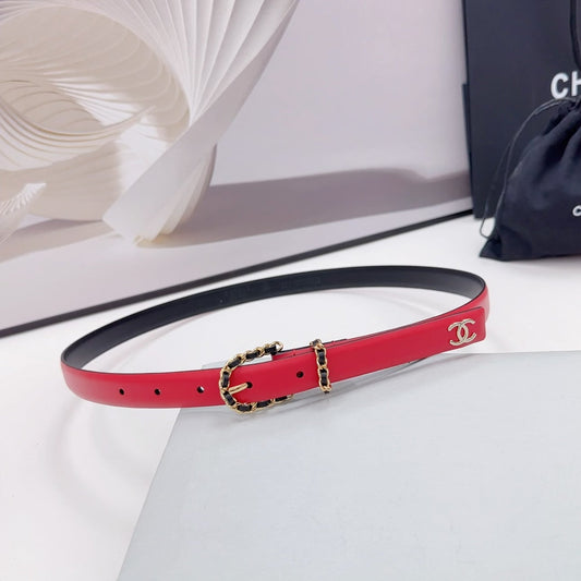 CHANEL BELT 20 MM IN CHERRY RED MIX BLACK CALFSKIN GOLD HARDWARE