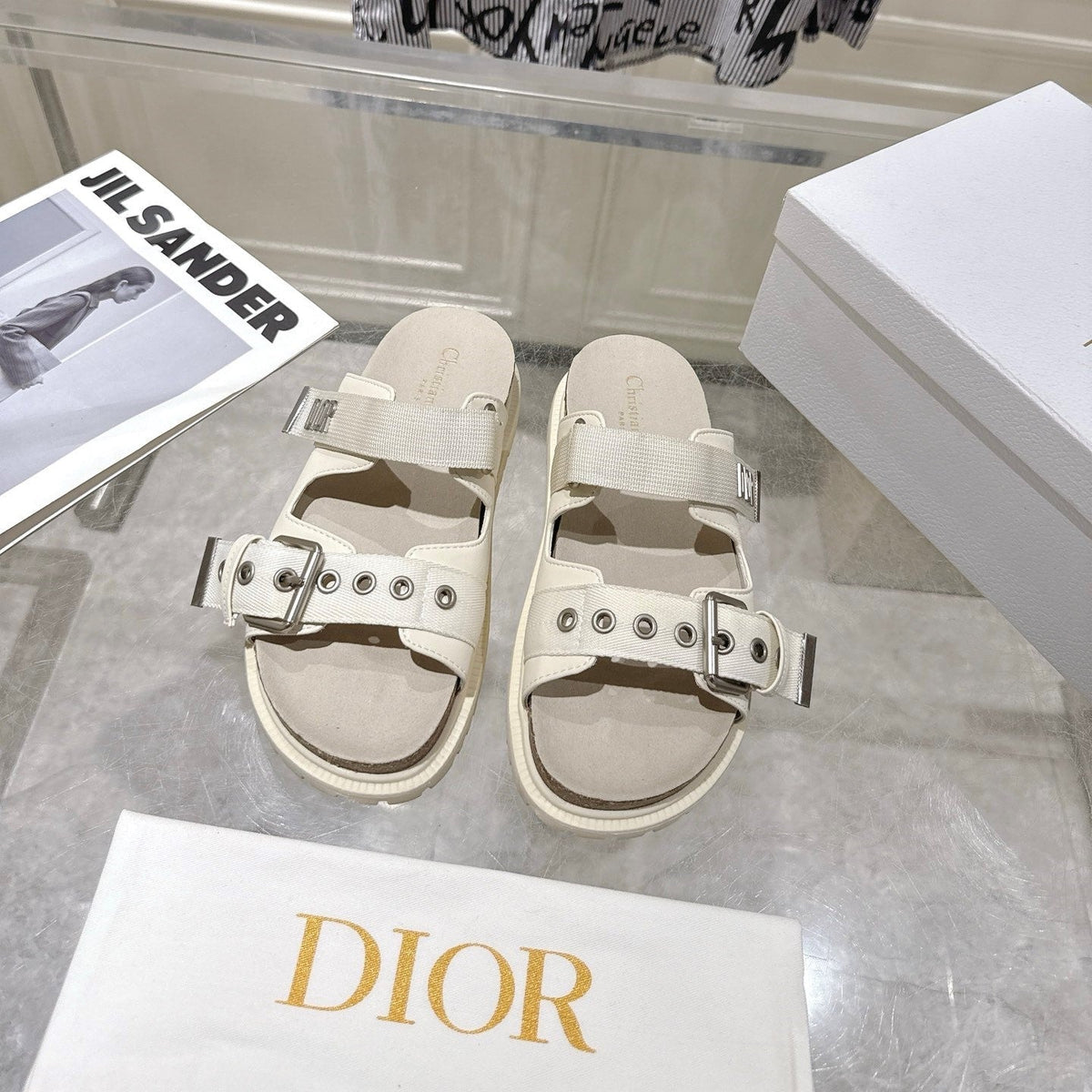 CD 26s Double-Strap Slide Sandals Cream Calfskin 919010