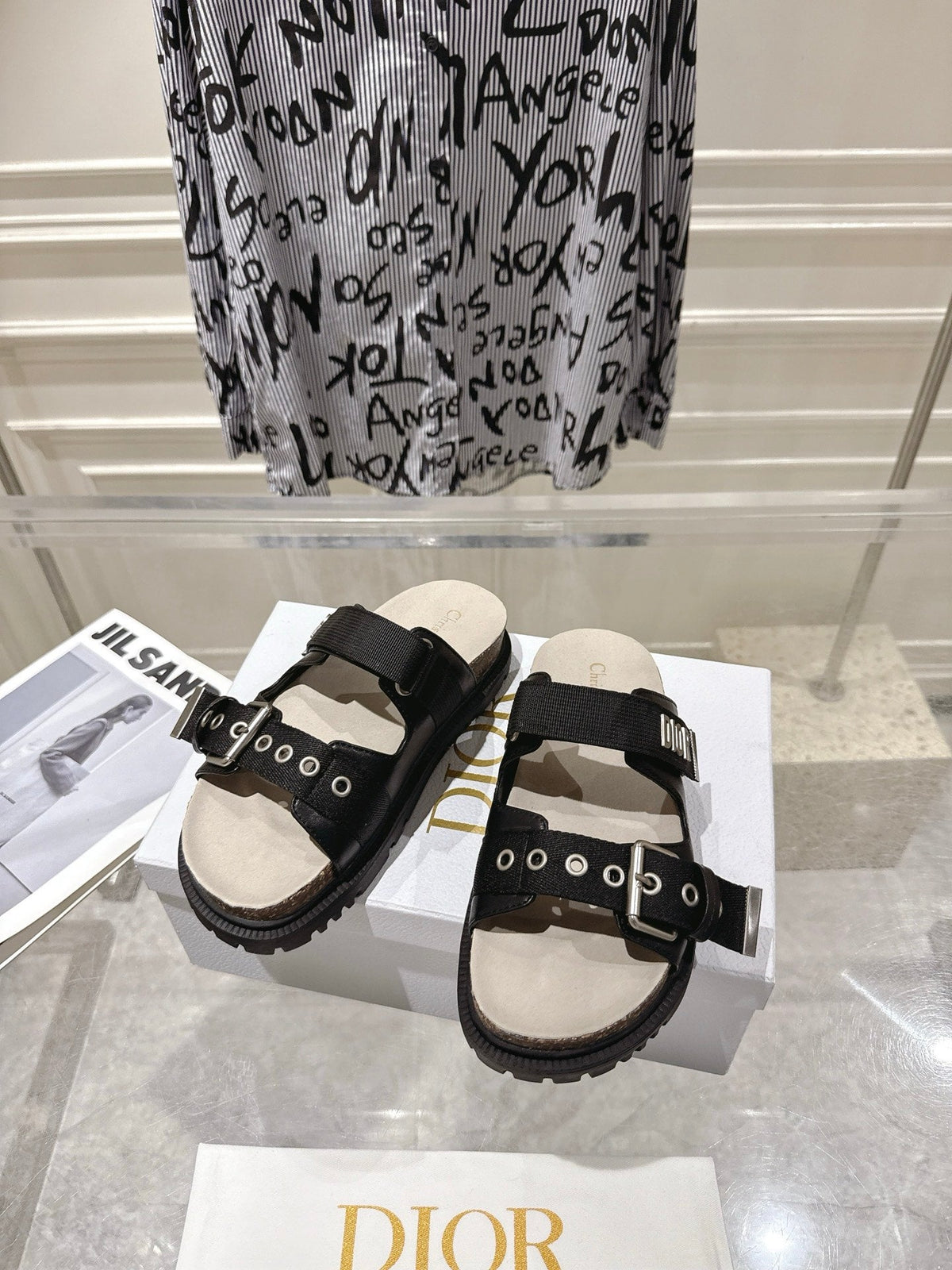 CD 26s Double-Strap Slide Sandals Black Calfskin 919011