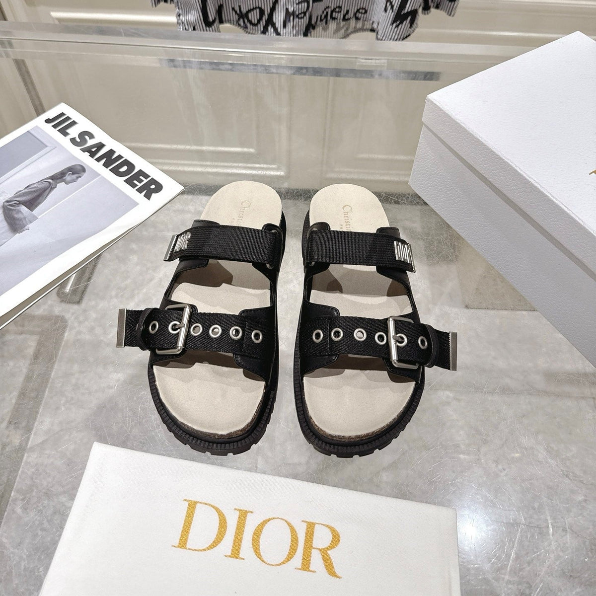 CD 26s Double-Strap Slide Sandals Black Calfskin 919011