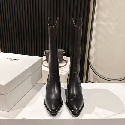 CELINE 25 Mid Calf Cowboy Boots Black Calfskin