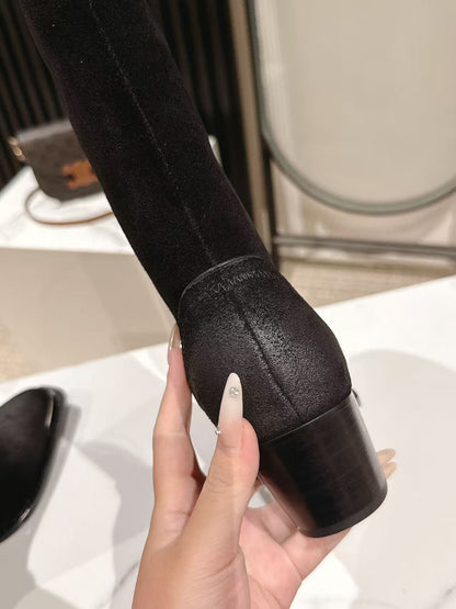 CELINE 25 Mid Calf Cowboy Boots Black Suede 434426