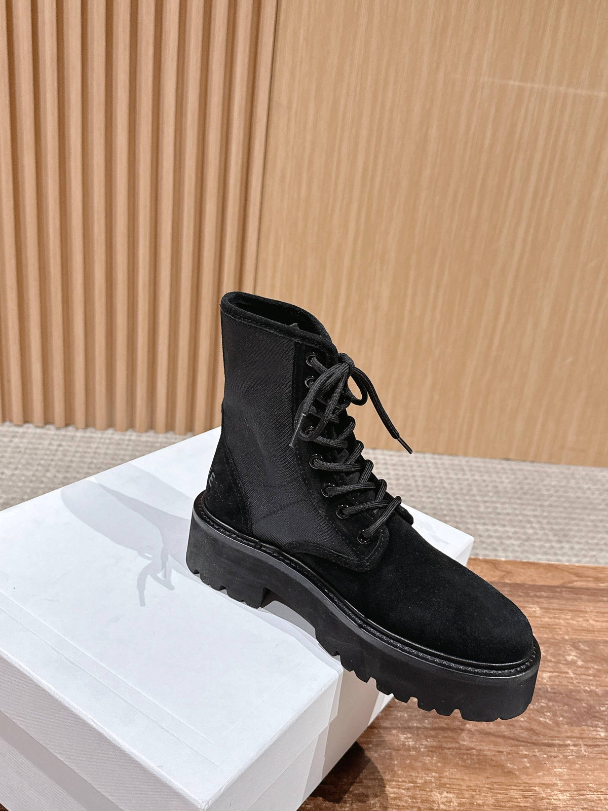 Celine 25 Bulky Lace-up Boot Black Suede 554011