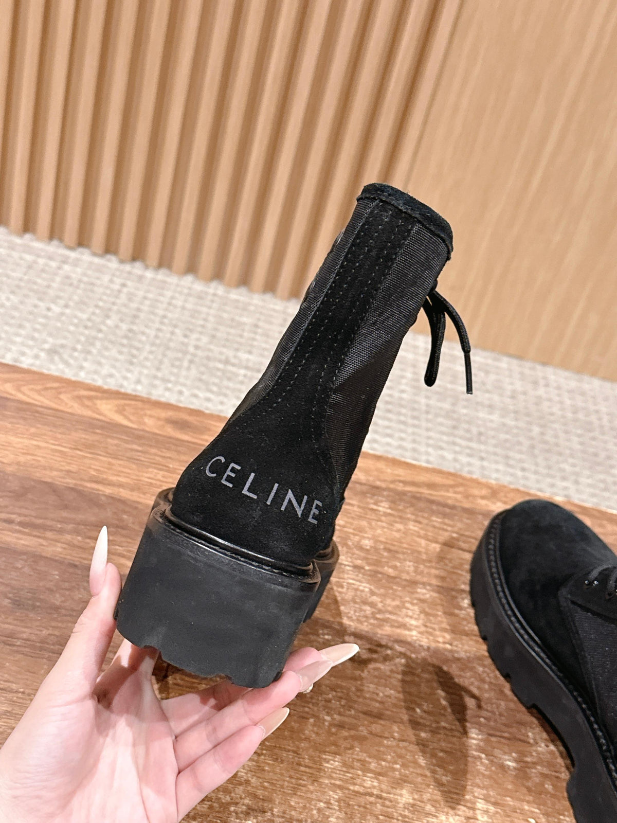 Celine 25 Bulky Lace-up Boot Black Suede 554011