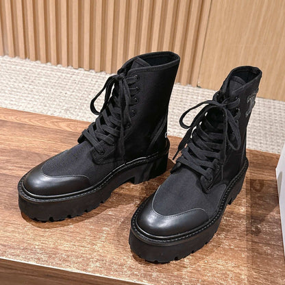 Celine 25 Bulky Lace-up Boot Black Canvas Calfskin 554013
