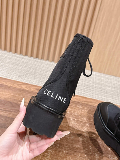Celine 25 Bulky Lace-up Boot Black Canvas Calfskin 554013