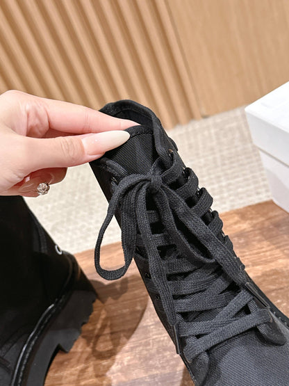 Celine 25 Bulky Lace-up Boot Black Canvas Calfskin 554013