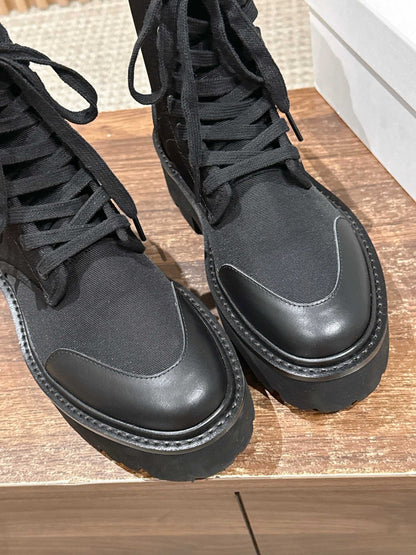 Celine 25 Bulky Lace-up Boot Black Canvas Calfskin 554013