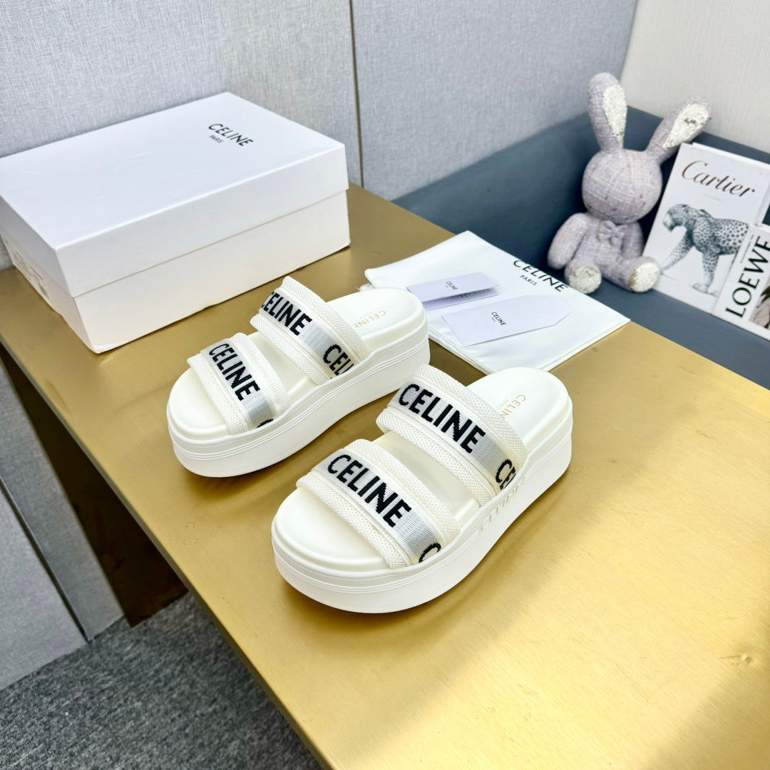 Celine Flatform Dad Sandal Mule White Fabric with Rubber 238141