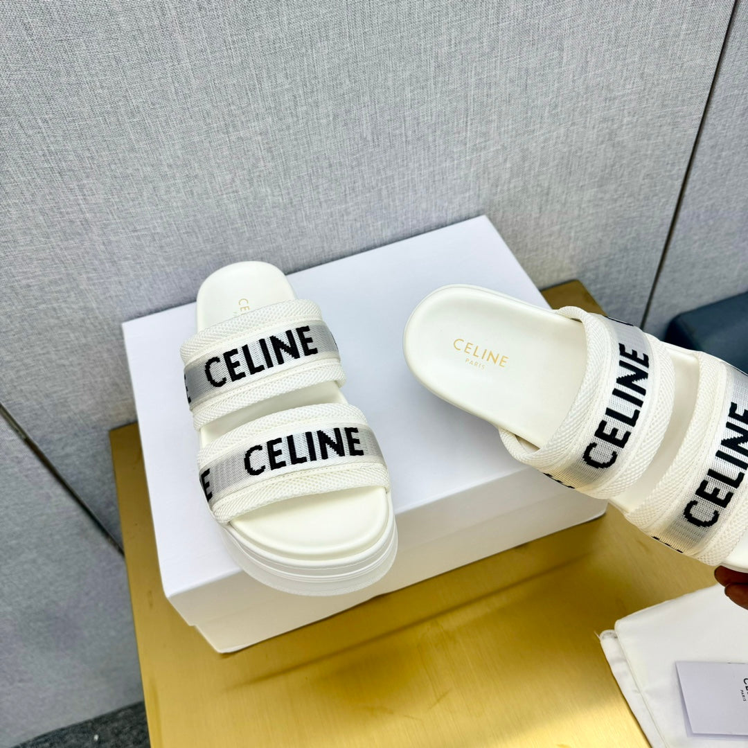 Celine Flatform Dad Sandal Mule White Fabric with Rubber 238141