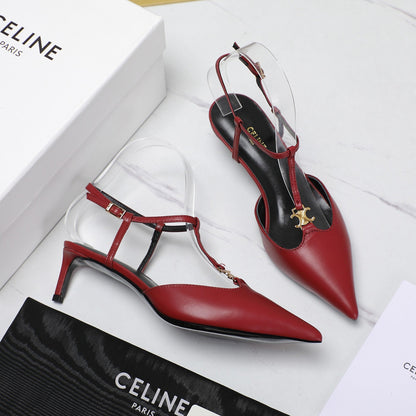 HIGH 5 CM SLINGBACK IN CHERRY RED CALFSKIN WITH GOLD LOGO