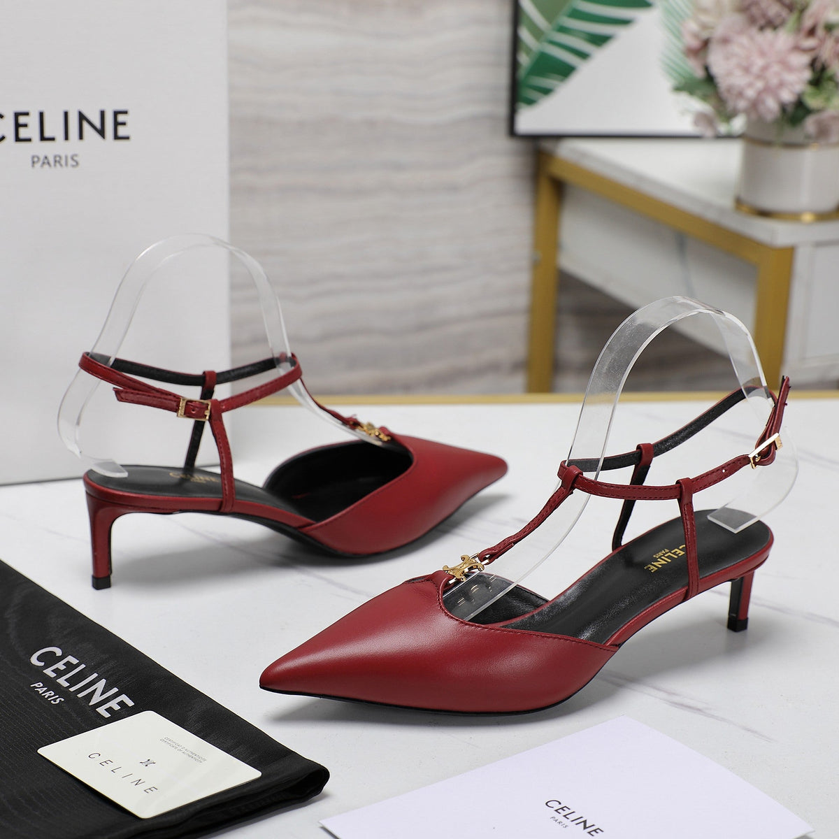 HIGH 5 CM SLINGBACK IN CHERRY RED CALFSKIN WITH GOLD LOGO