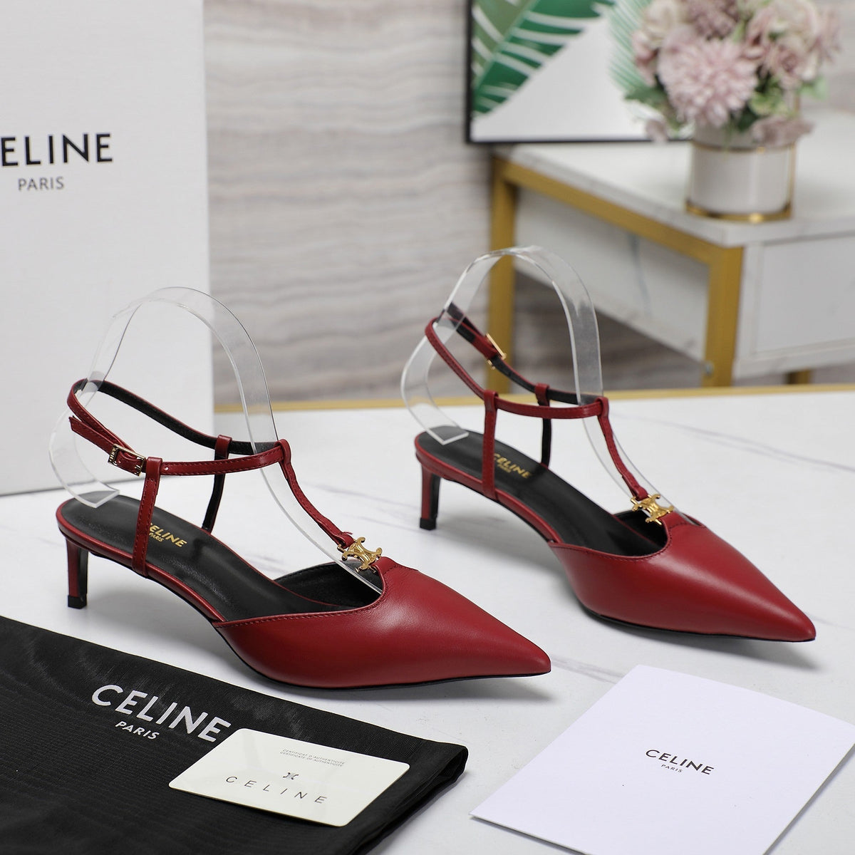 HIGH 5 CM SLINGBACK IN CHERRY RED CALFSKIN WITH GOLD LOGO