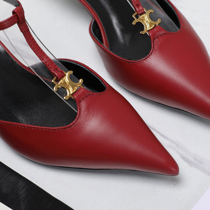 HIGH 5 CM SLINGBACK IN CHERRY RED CALFSKIN WITH GOLD LOGO