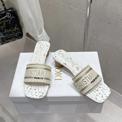 CD 26s Embroidered Flat Slippers Gold Canvas Leather 636394