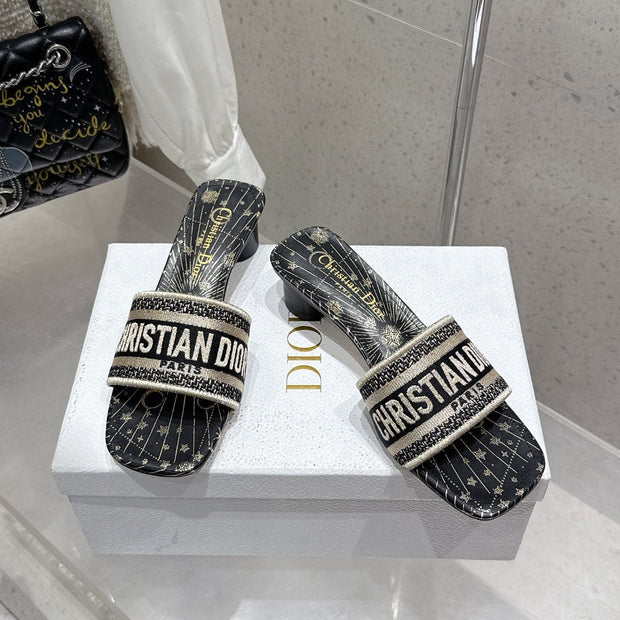CD 26s Embroidered Flat Slippers Black Gold Canvas Leather 636395