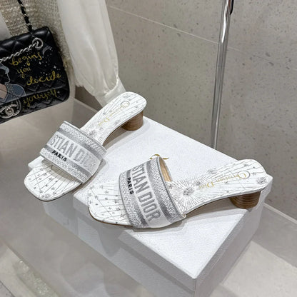 CD 26s Embroidered Flat Slippers White Gray Canvas Leather 636396