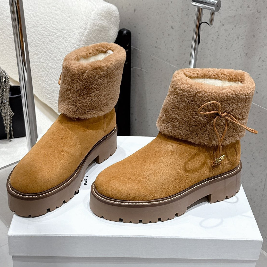 Celine 25 Fur-lined Ankle Boot Tan Suede Wool 554185