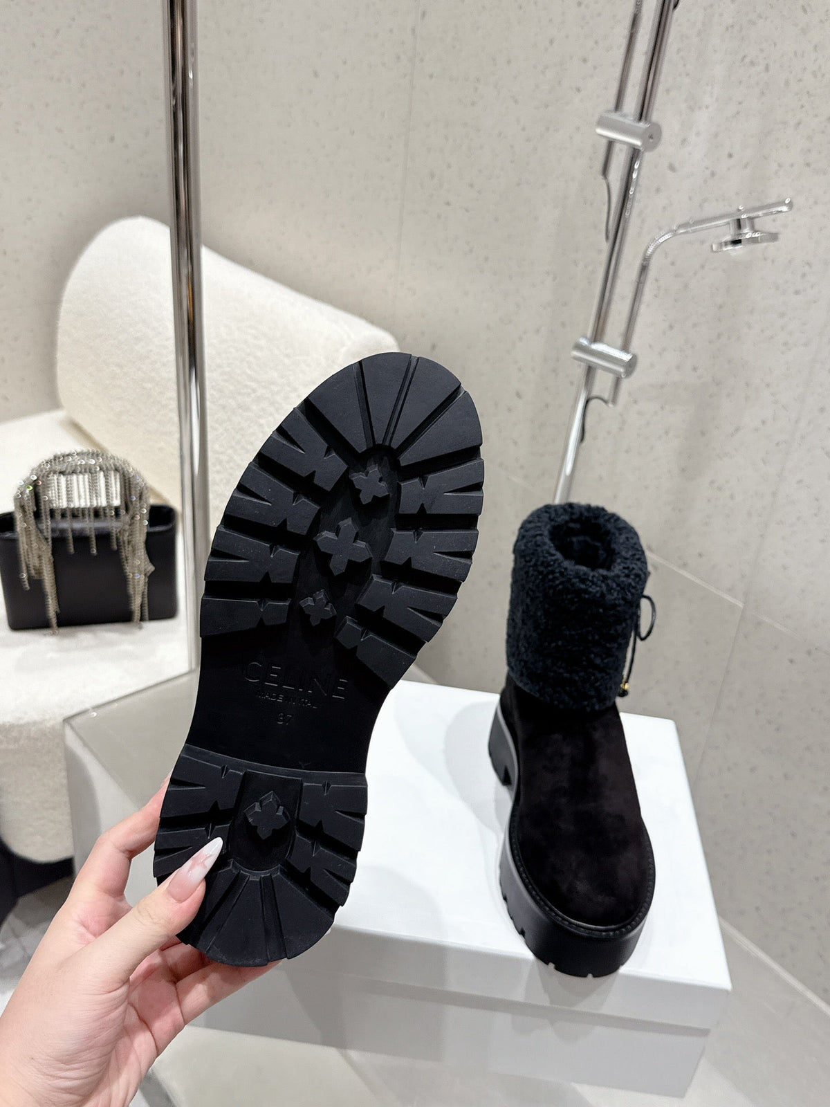 Celine 25 Fur-lined Ankle Boot Black Suede Wool 554186