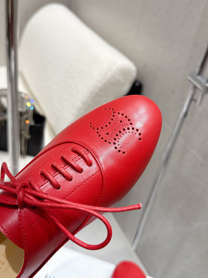 Celine 25 Lise Perforated Triomphe Richelieu Shoe Red Lambskin 554197