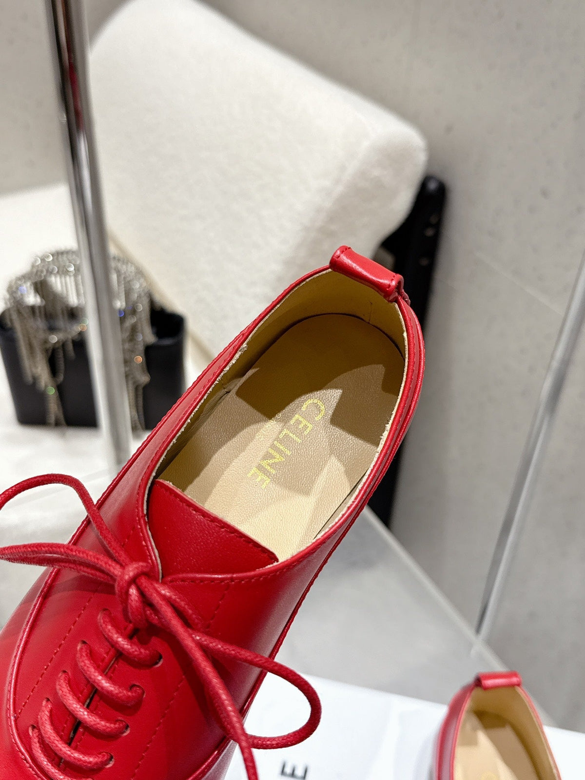 Celine 25 Lise Perforated Triomphe Richelieu Shoe Red Lambskin 554197