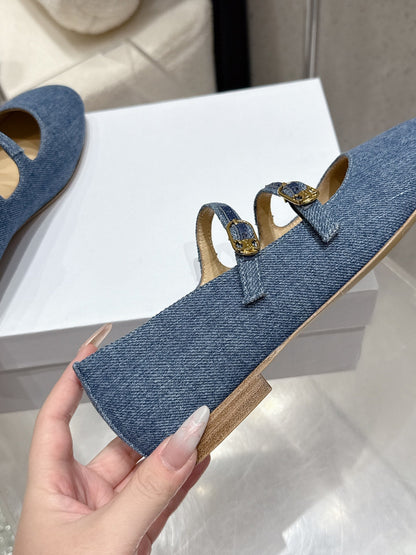 Celine 25 Ballet Flat Leopard Denim Fabric mix Cowhide 554200