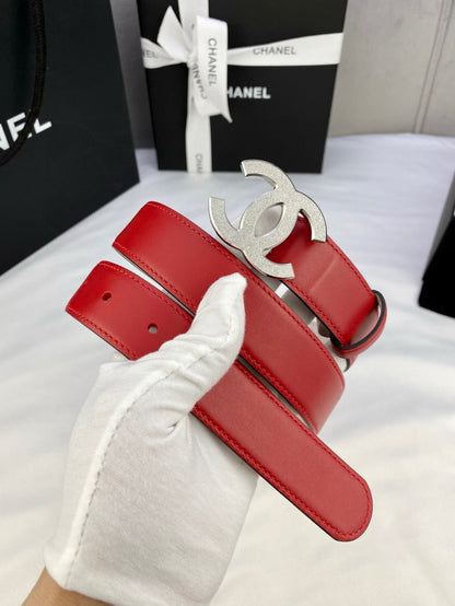 CHANEL DOUBLE C BELT 30MM IN RED CALFSKIN METAL BUCKLE